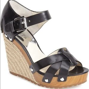Michael Kors Somerly Wedge Platform Sandals Espadrille Black leather NEW
